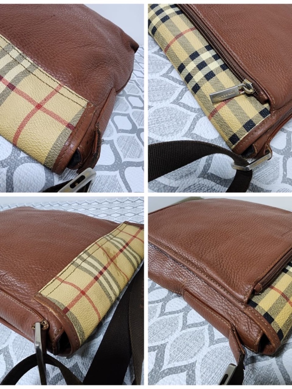Authentic Burberry Vintage Haymarket Check Pebbled Messenger Bag Brown/Beige - Picture 11 of 14